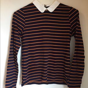 Long Sleeved Blue and Orange Top w/ White Collar